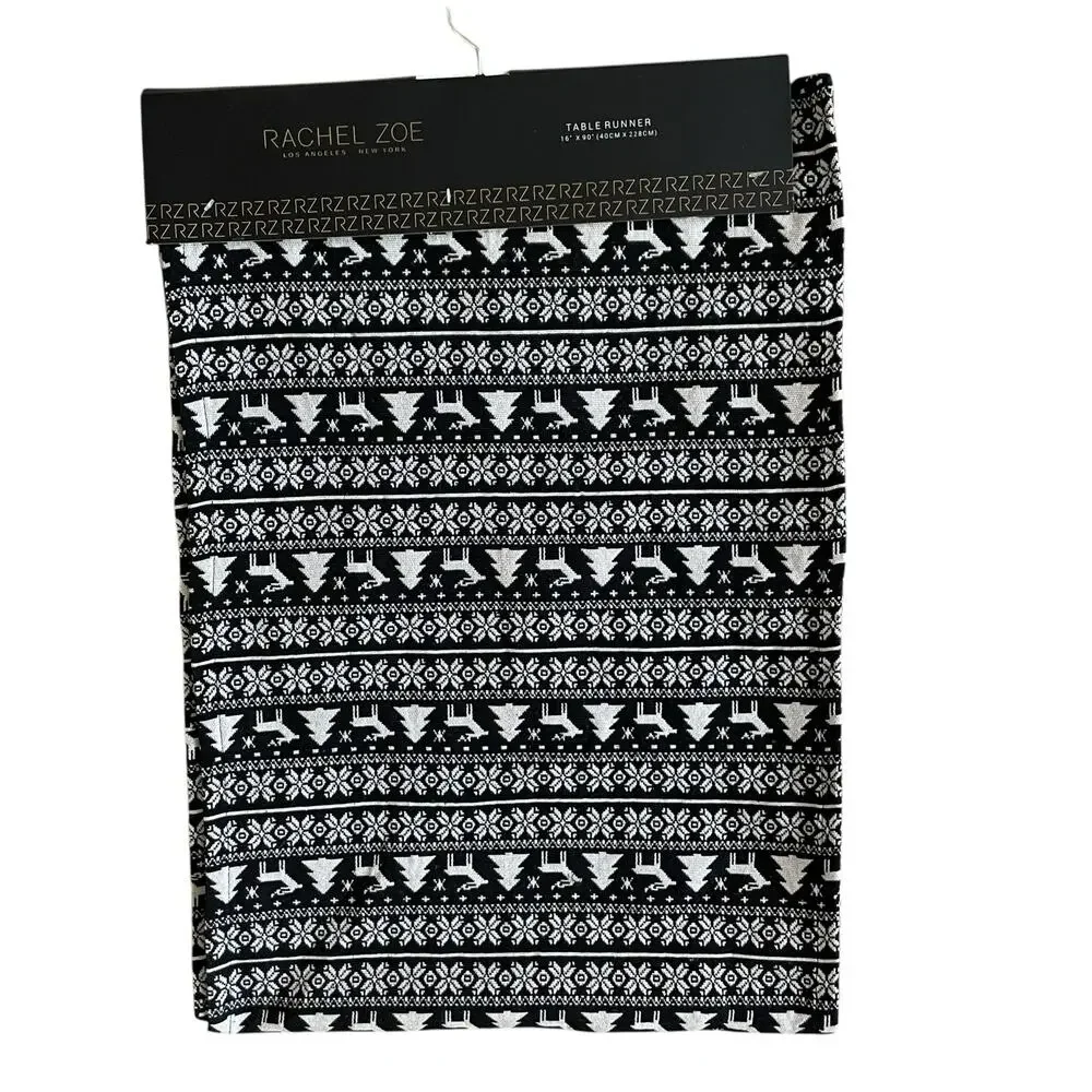 Rachel Zoe Christmas Tree Reindeer Table Runner 16x90 Holiday Black & White New
